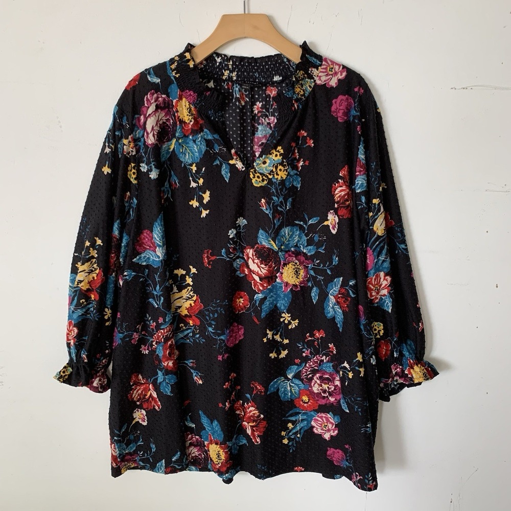 Lane Bryant Floral Print Blouse Smocked Neckline Half‎ Sleeve Top Plus Size
